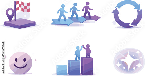 Six icons: finish line, teamwork, cycle, smiley face, podium, sparkle effect.