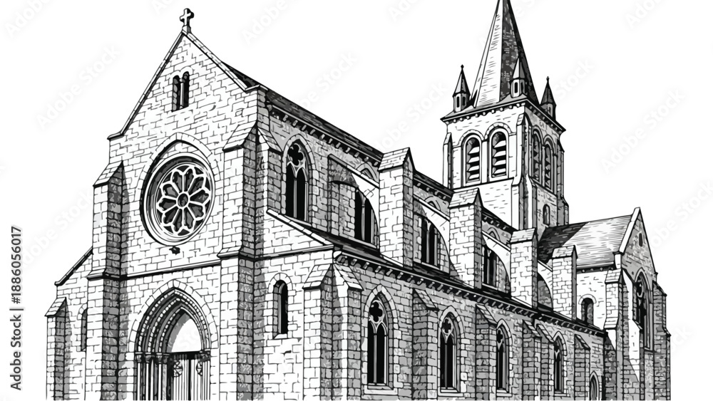 Fototapeta premium Historic gothic church facade with detailed spire