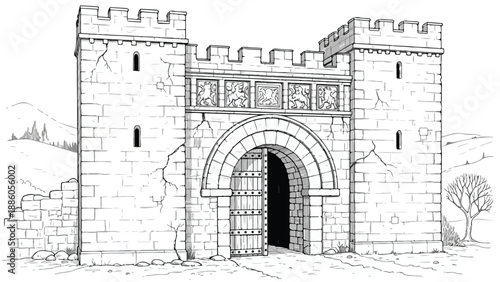 Grand arched stone gate fortification architectural sketch
