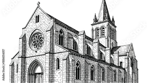 Historic gothic church facade with detailed spire