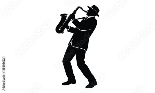 Silhouette of a man playing the saxophone with passion