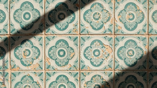 Antique Azulejo Tiles With Sunlight Shadows And Worn Texture