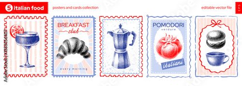 Italian brunch summer stamp poster. Postcard frame from Italy with lemon wine limoncello, croissant, vintage coffemaker, tomato, bomboloni donut, coffee cup. Mediterranean sea beach breakfast food bg