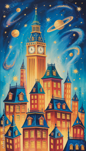 A bright vector illustration of a fairy-tale city with magical houses and a tall clock tower.