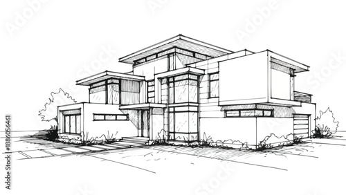 Modernist tiered villa with glass balconies sketch