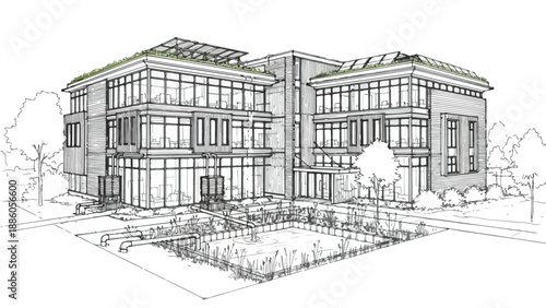 Modernist multi building office campus sketch