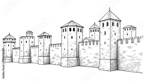 Medieval stone wall with multiple defense towers