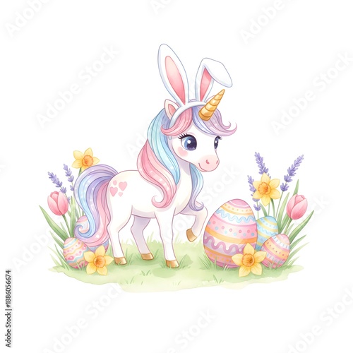 Unicorn illustration bunny Easter with colorful eggs