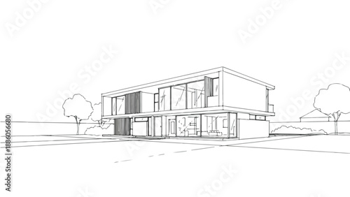 Modernist house with wide glass walls sketch