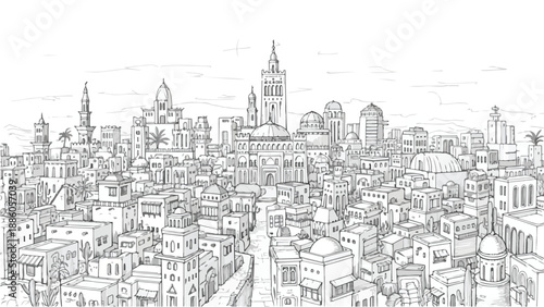 Dense islamic city skyline with historic buildings