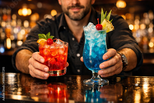 holding two colorful cocktails on a sleek bar counter