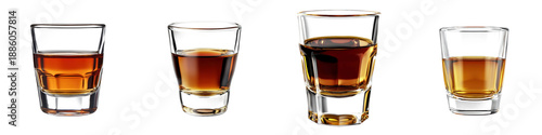 Shot glass of whiskey – A small glass of whiskey commonly used to measure and add to an Irish coffee. Isolated on Clear White Background Highly Detailed 