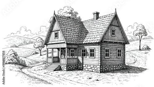 Rustic log cabin in the forest with stone chimney