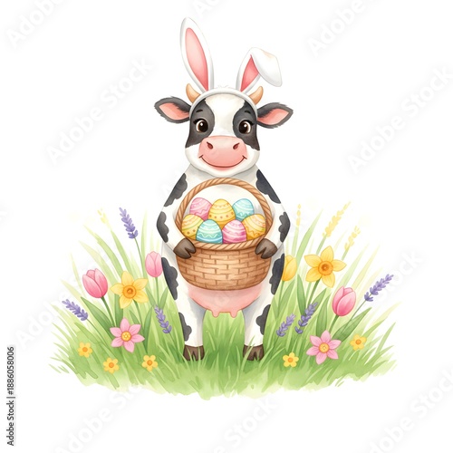Easter illustration cow bunny spring with colorful eggs