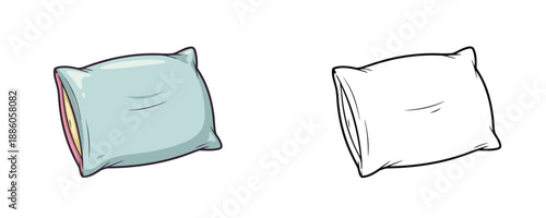 Pillow in two different styles featuring light blue colored version and black and white line art sketch representing soft bedding for sleep and interior design on white background