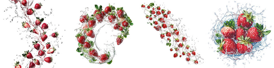Crédence de cuisine   Strawberries Splashing in a Water Wave – A vibrant and refreshing depiction of strawberries in motion symbolizing freshness and vitality. Isolated on Clear White Background Highly Detailed  © PurePNG Creations
