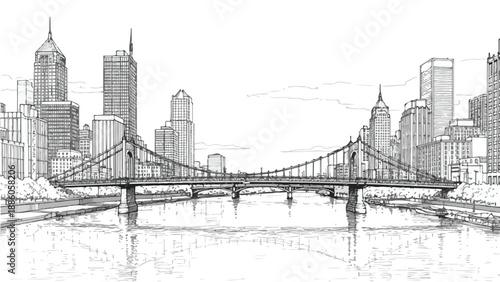 Urban bridge crossing with city skyscrapers background