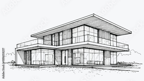 Modernist tiered villa with glass balconies sketch