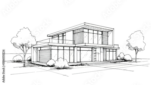 Modernist house elevation with flat roof and garage