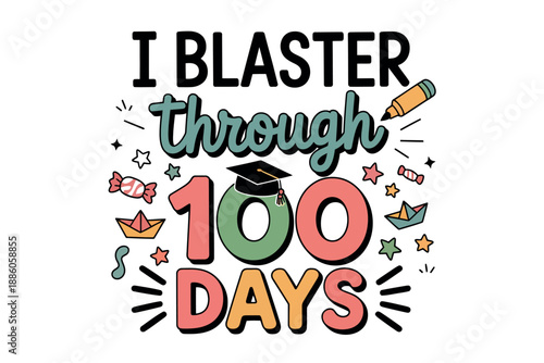 Colorful 100 Days of School Celebration Graphic with Graduation Cap and Crayon