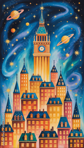 A bright vector illustration of a fairy-tale city with magical houses and a tall clock tower_02.