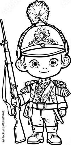 children dressed as royal soldiers  line vector illustration isolated on white background