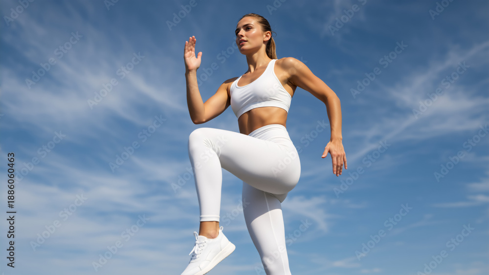 Fototapeta premium Athletic woman performing high knee exercise outdoors. Young female runner in white activewear sprinting under a blue sky. Fitness and healthy lifestyle concept