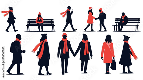 Graduates in black gowns and red scarves walking.