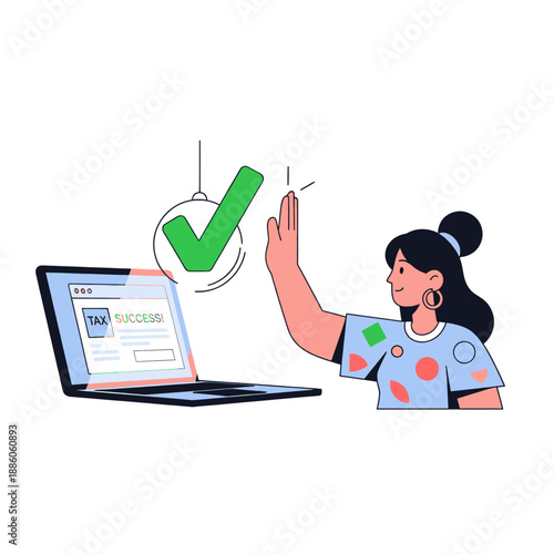 Happy woman high fiving green checkmark symbol near laptop screen. Online tax filing success, approved financial return, and task completion concept vector illustration.