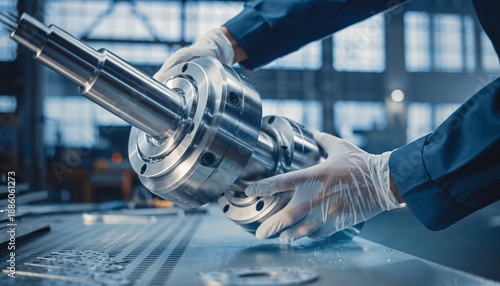 Person in gloves inspecting a precision-engineered metal component in an industrial manufacturing facility.