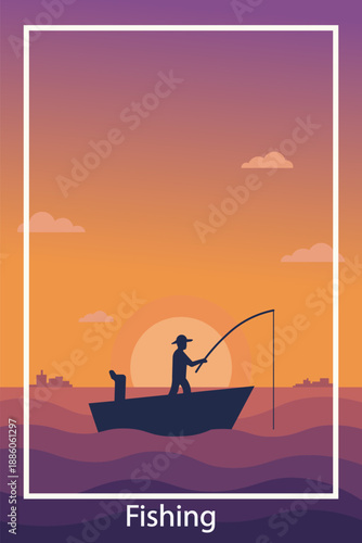 Silhouette of a lone fisherman casting a line from a boat at sunset