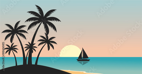 Silhouette of palm trees on a tropical island with a sailboat at sunset
