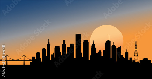 City skyline silhouette at sunset with a large sun and a bridge in the distance