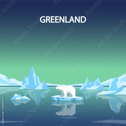 Polar bear on melting iceberg in Greenland with aurora borealis sky