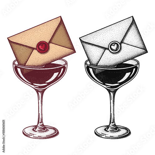 romantic letter envelope with wax seal in a cocktail glass illustration in retro halftone style