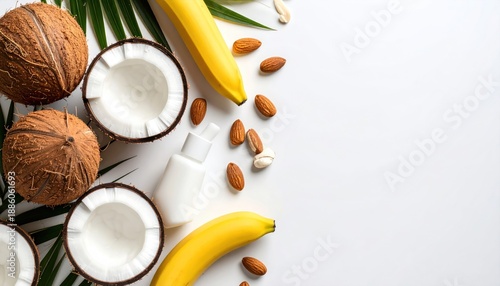 Tropical natural skincare ingredients with coconuts, bananas, almonds, white cosmetic bottle, and palm leaf on isolated white background