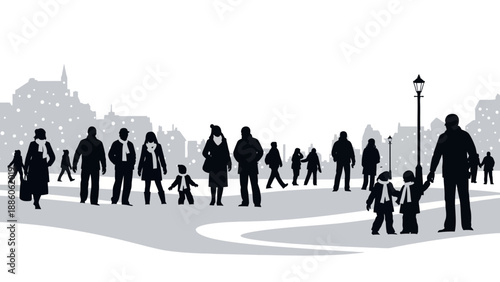 Silhouetted People Walking in City Street Scene.