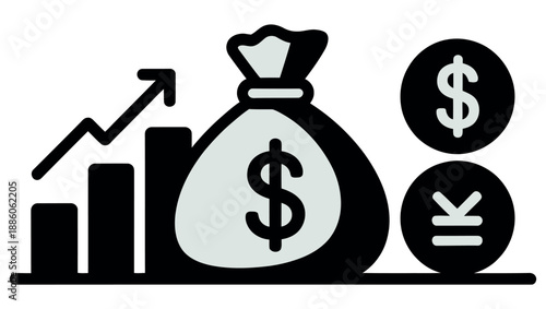 Money bag sits beside rising bar graph and currency symbols for profit.