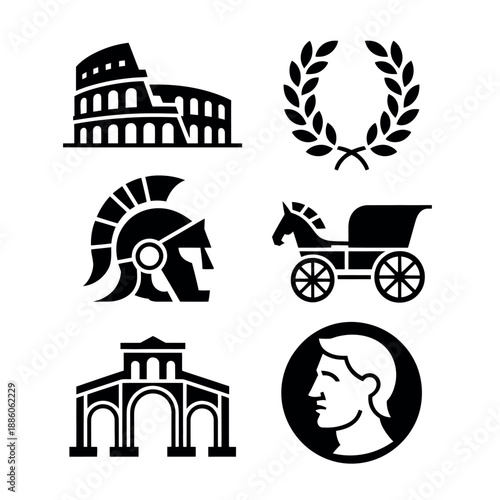 Ancient Rome symbols including the Colosseum, legionary helmet, chariot, and laurel.