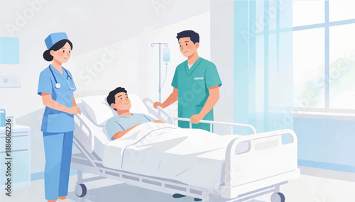 Flat vector illustration depicting two medical professionals, a male nurse and a female doctor, standing next to a hospital bed with a male patient. Vector graphics. EPS_02.