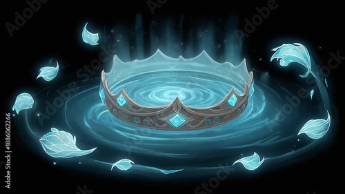 Digital art image of a glowing crown surrounded by swirling light, with ethereal leaves floating
