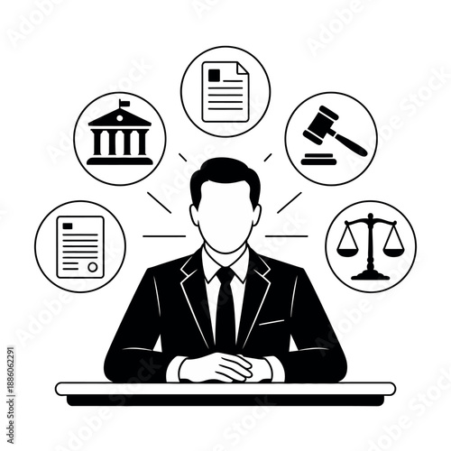 Businessman contemplating legal matters represented by courthouse, gavel, and scales.