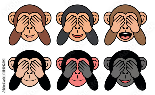 Six colorful monkey faces cover their eyes demonstrating the famous proverb of not.