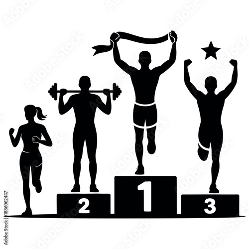 Athletes achieve victory across fitness disciplines standing on a winner's podium.