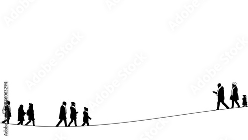 Group of People Walking on Tightrope.