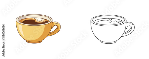Cup of hot espresso coffee with foam in hand-drawn cartoon style yellow and brown colors morning drink for energy and caffeine boost isolated on white background