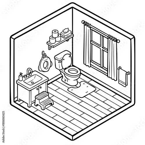 Isometric Bathroom: A minimalist illustration captures a clean and organized bathroom, featuring essential elements arranged in an isometric perspective. 