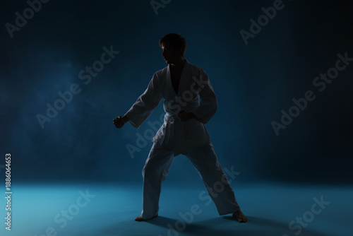 Wallpaper Mural Man in uniform practicing karate on dark light blue background with smoke Torontodigital.ca