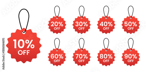 Red starburst sale tags showing various percentage discounts for retail promotions
