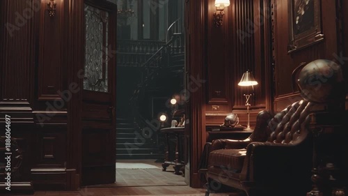 A dimly lit mansion interior features a leather armchair, globe, and a grand, dark staircase